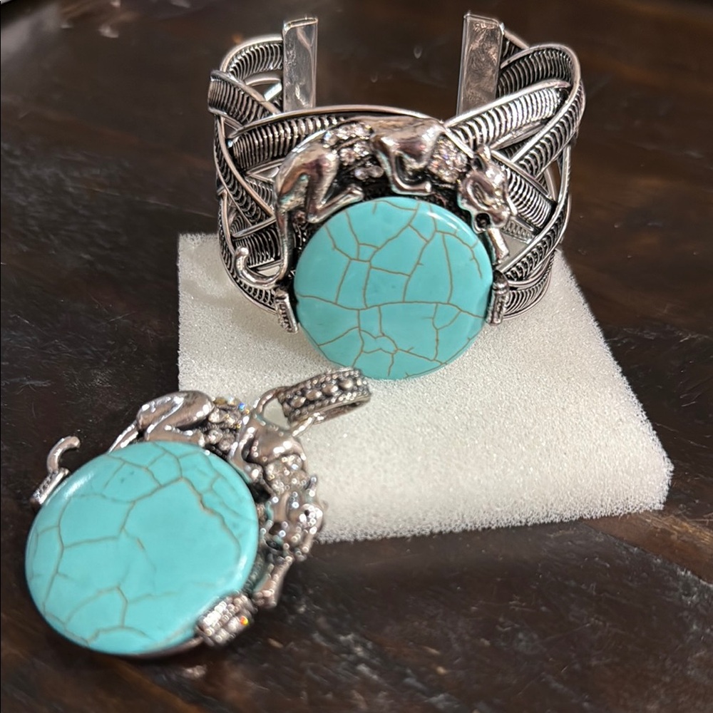 Silver and Turquoise Bracelet and Pendant Set